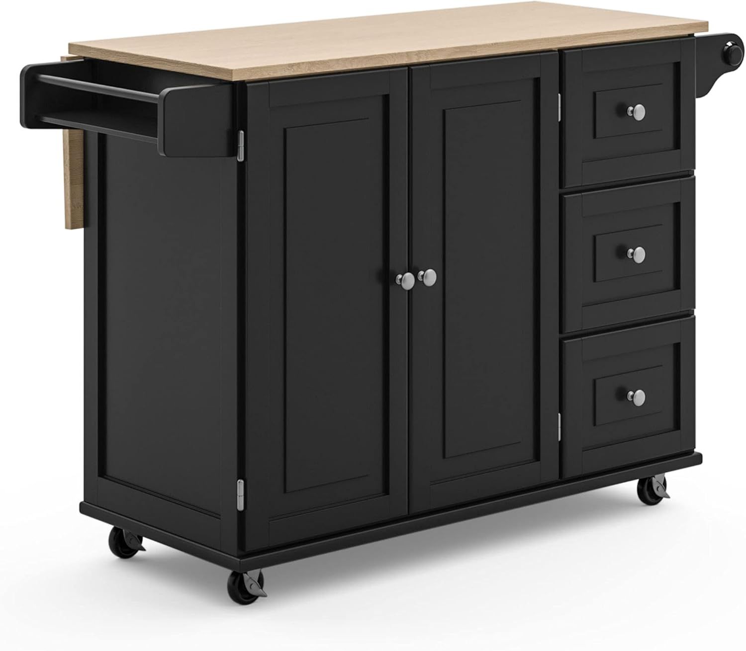 Black Wood Kitchen Cart with Drop Leaf and Storage