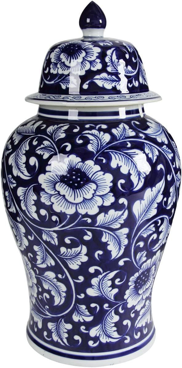 Blue and White Porcelain Floral Ginger Jar with Lid, 18"