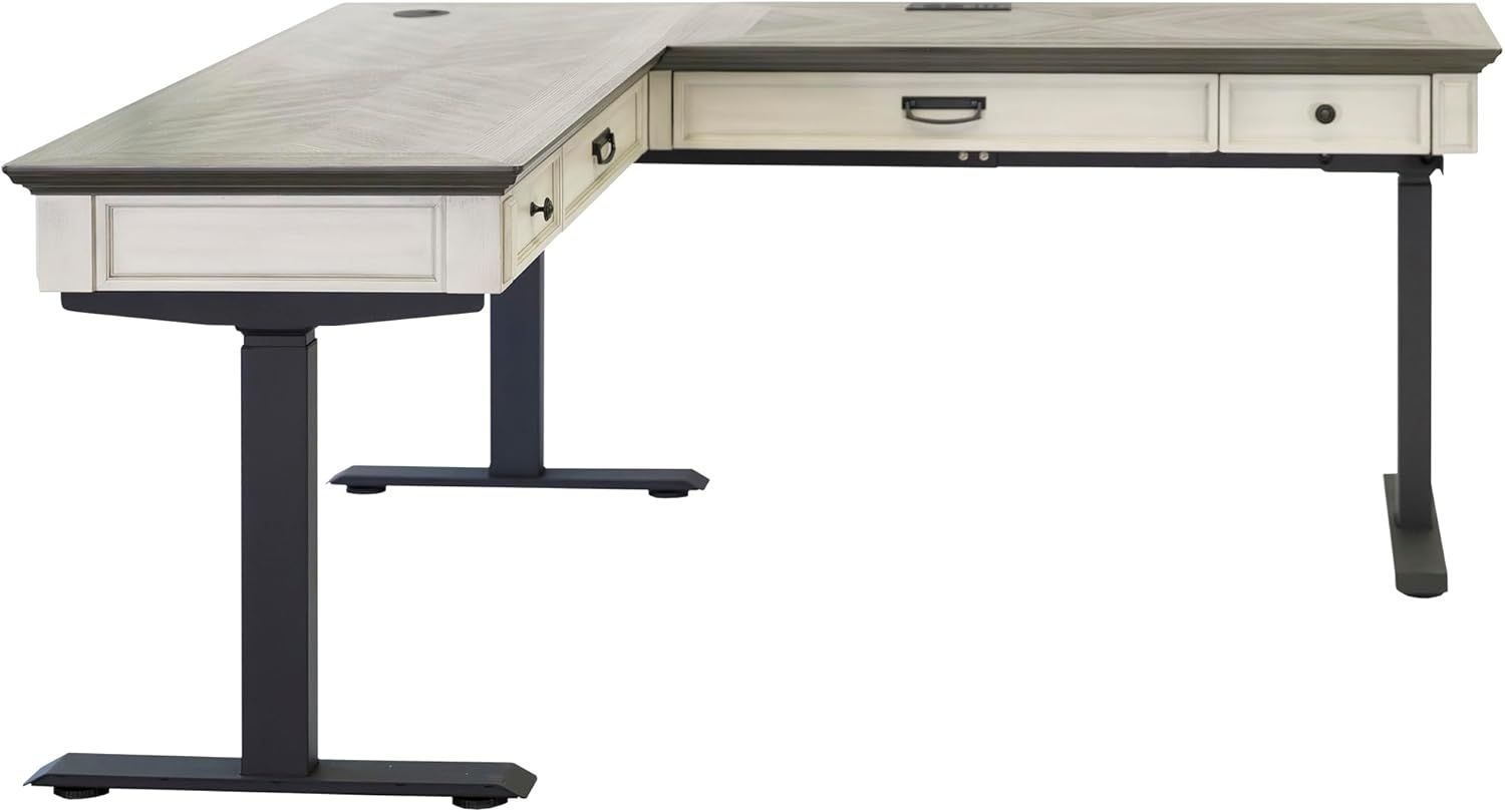 White and Gray Adjustable Height Standing Desk with Drawer and Power Outlet