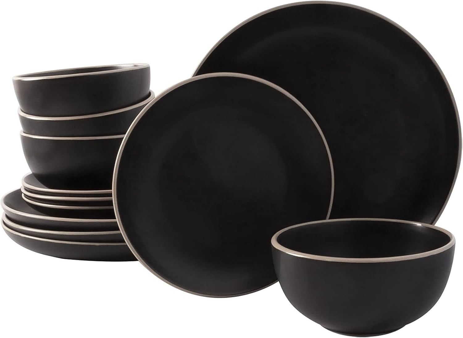 Black Ceramic 12-Piece Dinnerware Set with Glossy Rim