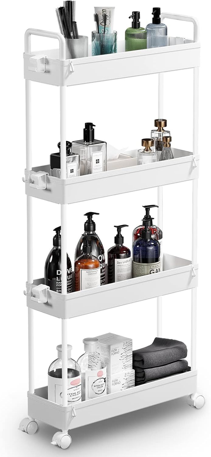 Slim White Plastic 4-Tier Mobile Storage Cart with Adjustable Shelves