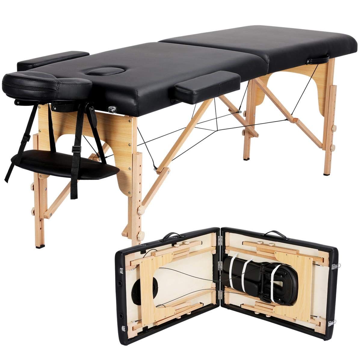 Adjustable Black Faux Leather Portable Massage Table with Beech Wood Legs