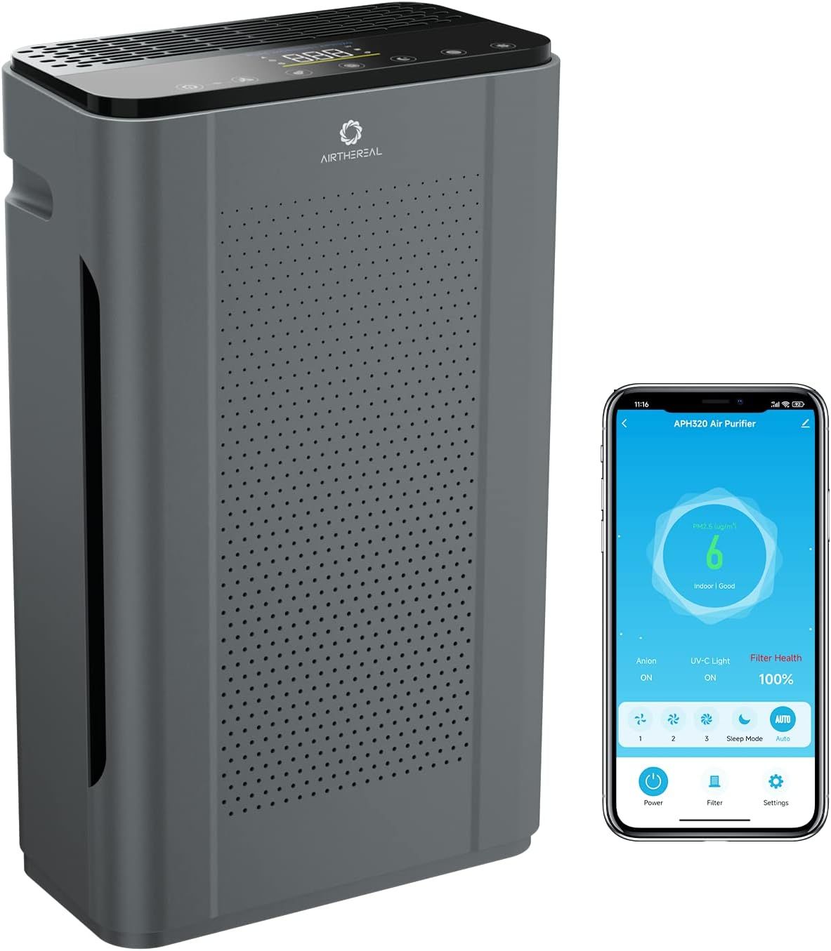 Gray HEPA Air Purifier with UV-C and WiFi Control