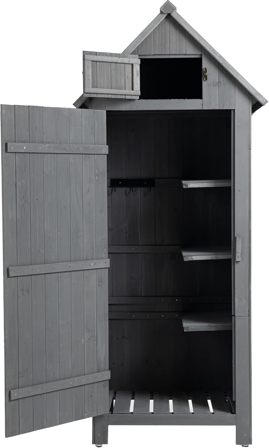 Gray Wooden Outdoor Storage Shed with Shelves and Lockable Doors