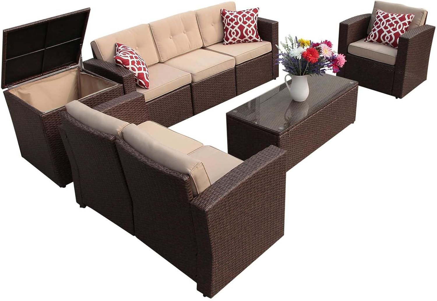 8-Piece Beige and Brown Wicker Patio Sectional Set