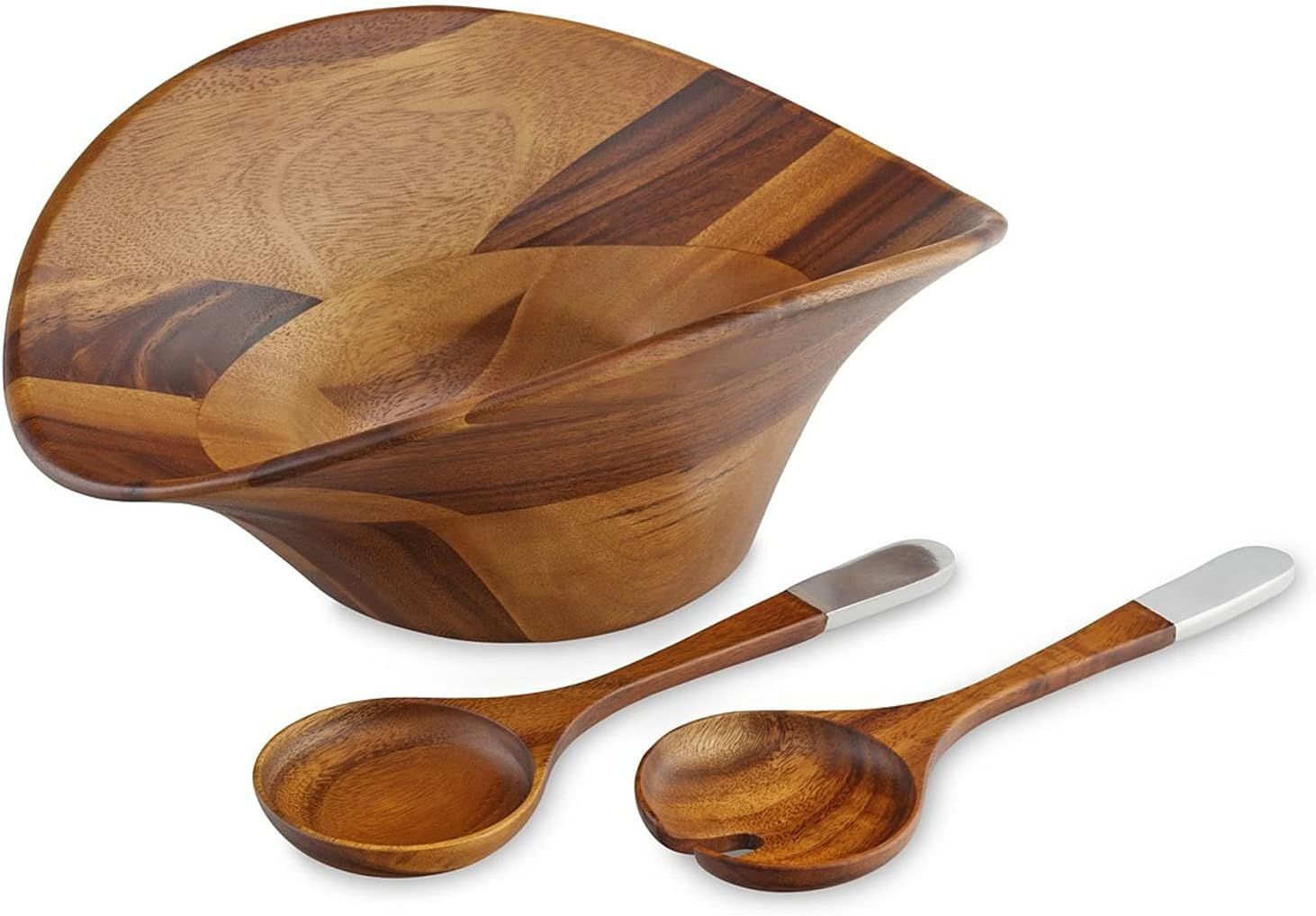 Ripple Acacia Wood Salad Bowl with Alloy Servers