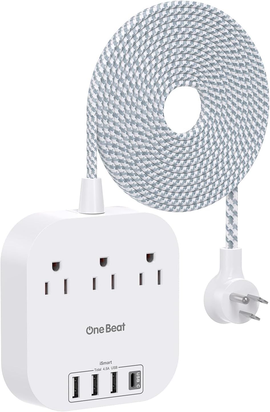 White Square Power Strip with 15ft Braided Cord and USB Ports