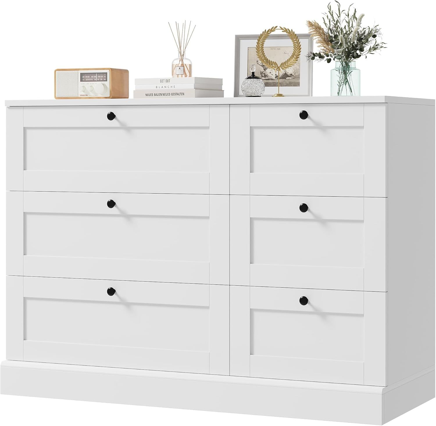 White Modern 6-Drawer Wood Dresser with Black Knobs