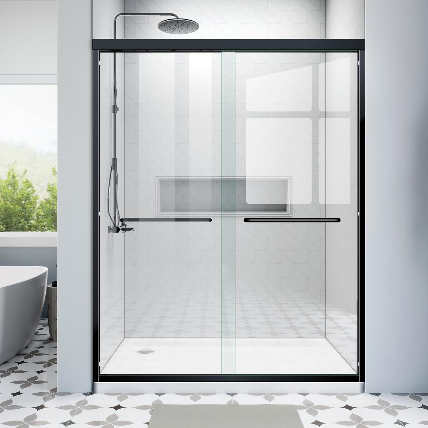 Matte Black Semi-Frameless Sliding Shower Door with Clear Glass