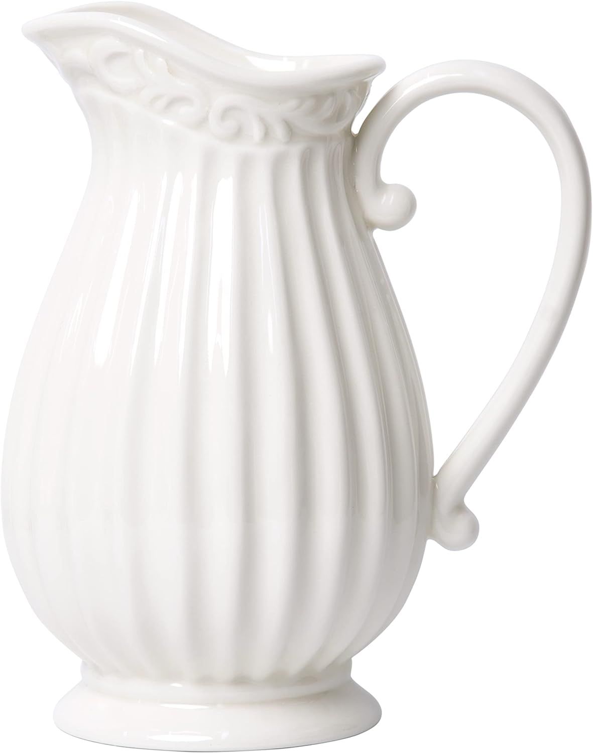 Elegant White Ceramic Round Pitcher Vase, 10 Inch