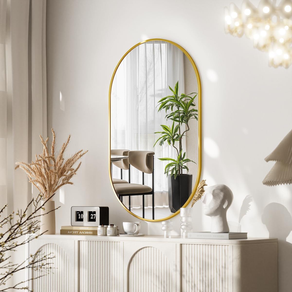 Gold Oval Wall Mirror with Metal Frame, 17" x 30"