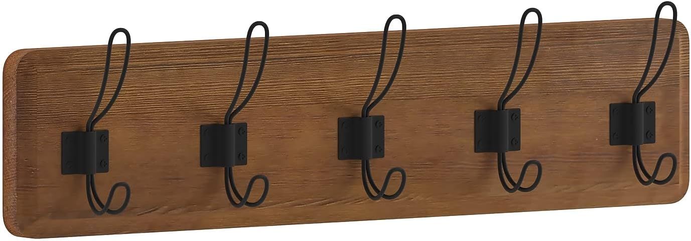 Classic Brown Solid Pine Wall Mounted Storage Rack with 5 Hooks