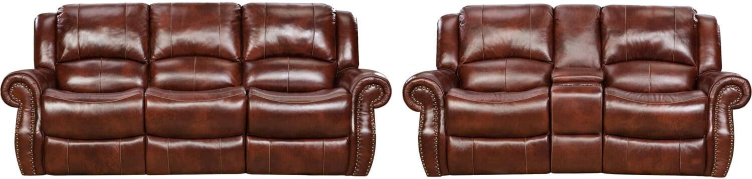 Aspen Oxblood Genuine Leather Reclining Sofa and Loveseat Set