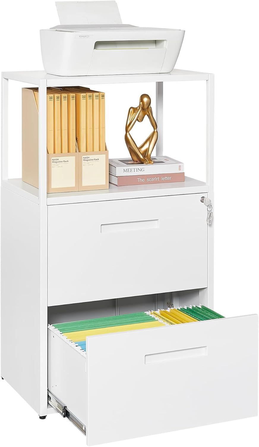 White Metal 2-Drawer Lockable Lateral File Cabinet with Shelves