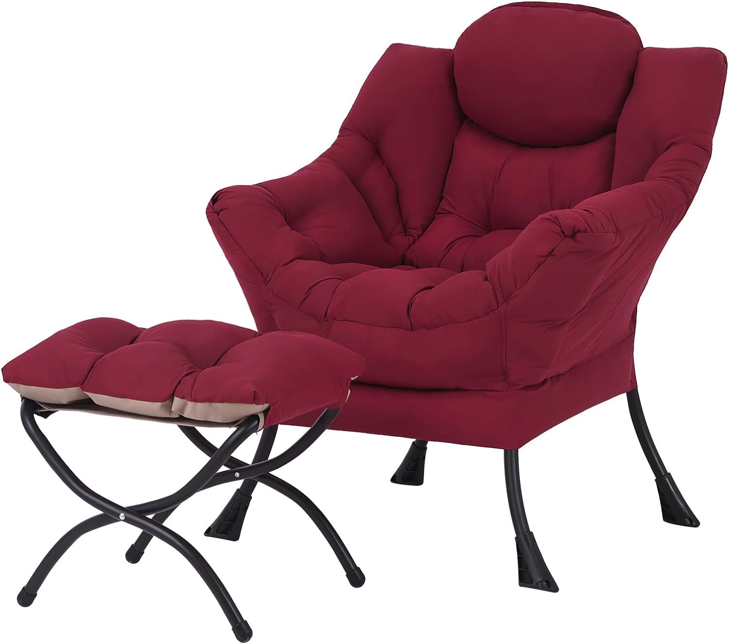 Burgundy Velvet Accent Chair with Ottoman and Metal Frame