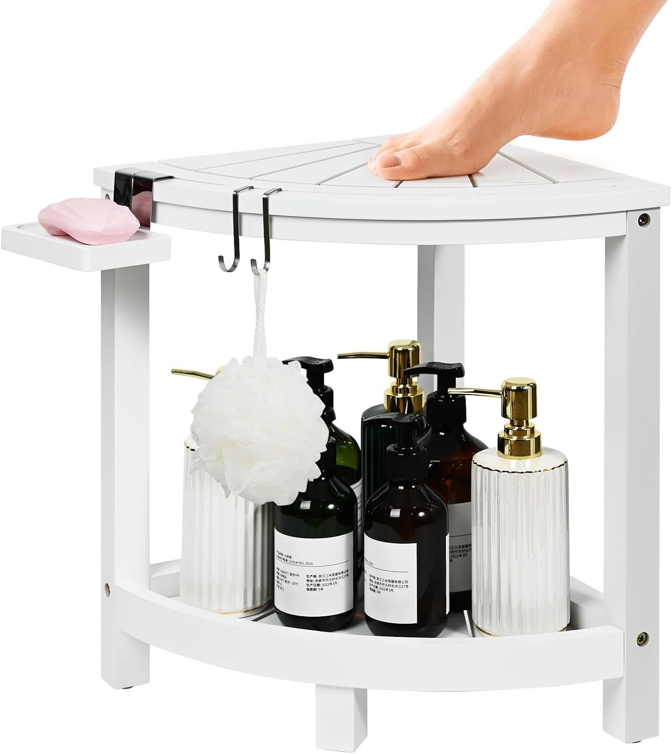 White Bamboo Corner Shower Stool with Storage Shelf and Soap Dish