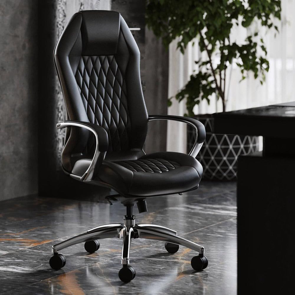 Sterling Black Leather Executive Swivel Chair with Metal Base