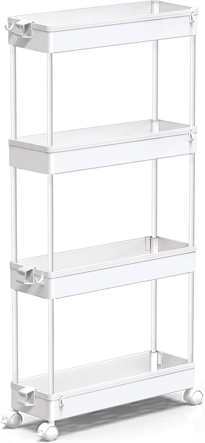 White 4-Tier Slim Rolling Storage Cart with Adjustable Shelves