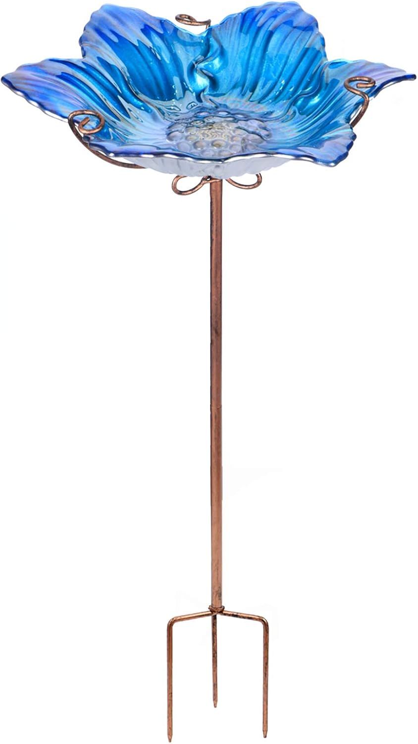 Blue Glass Flower Bird Bath with Metal Stake