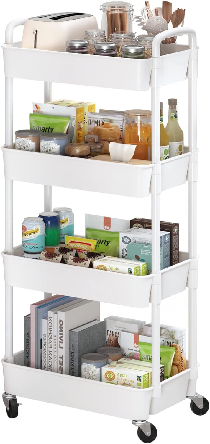 White 4-Tier Plastic Rolling Kitchen Storage Cart with Handle