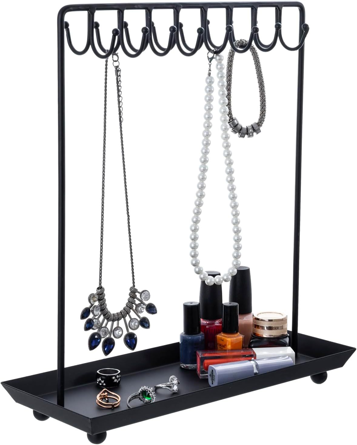 Black Metal 14-Inch Jewelry Organizer Stand with Hooks and Tray