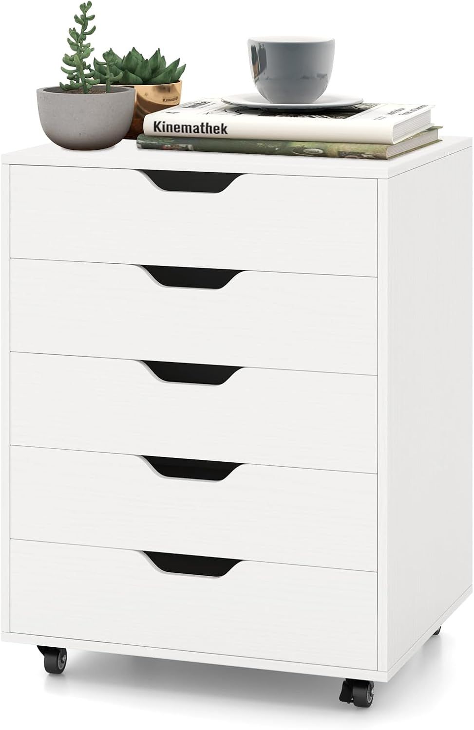 White Mobile 5-Drawer Wood Filing Cabinet with Wheels