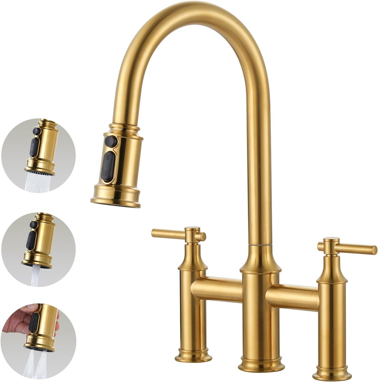 Brushed Gold High-Arc Stainless Steel Kitchen Faucet with Pull-out Spray