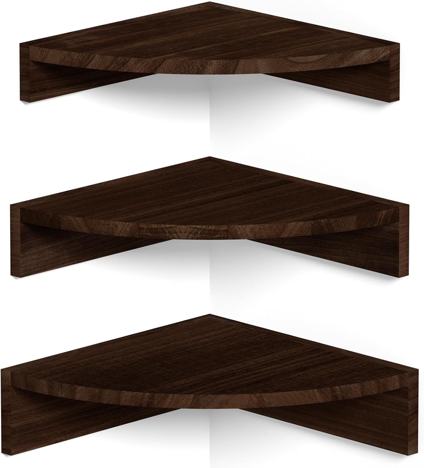 Set of 3 Dark Brown Floating Corner Wood Shelves