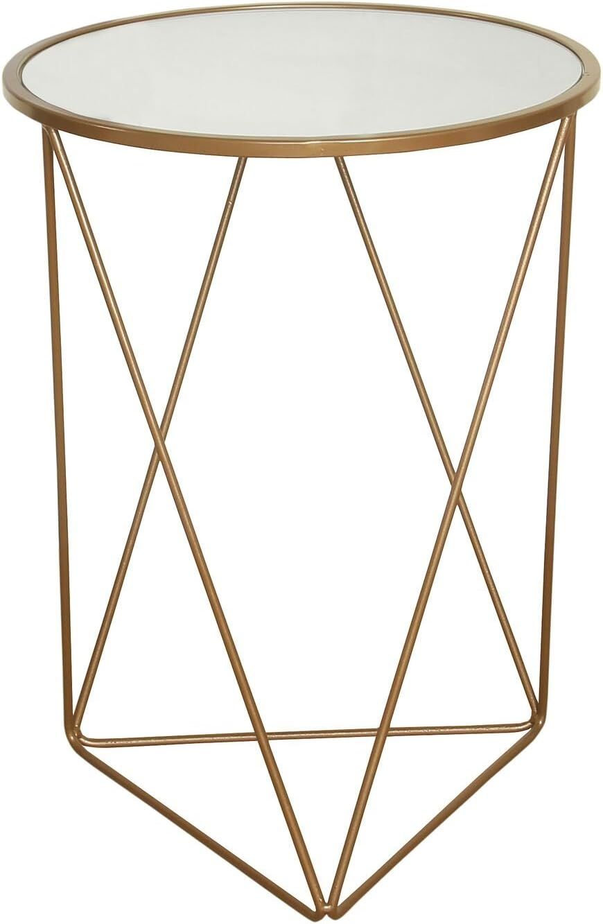 Modern Geometric Gold Metal Round Side Table with Mirrored Top