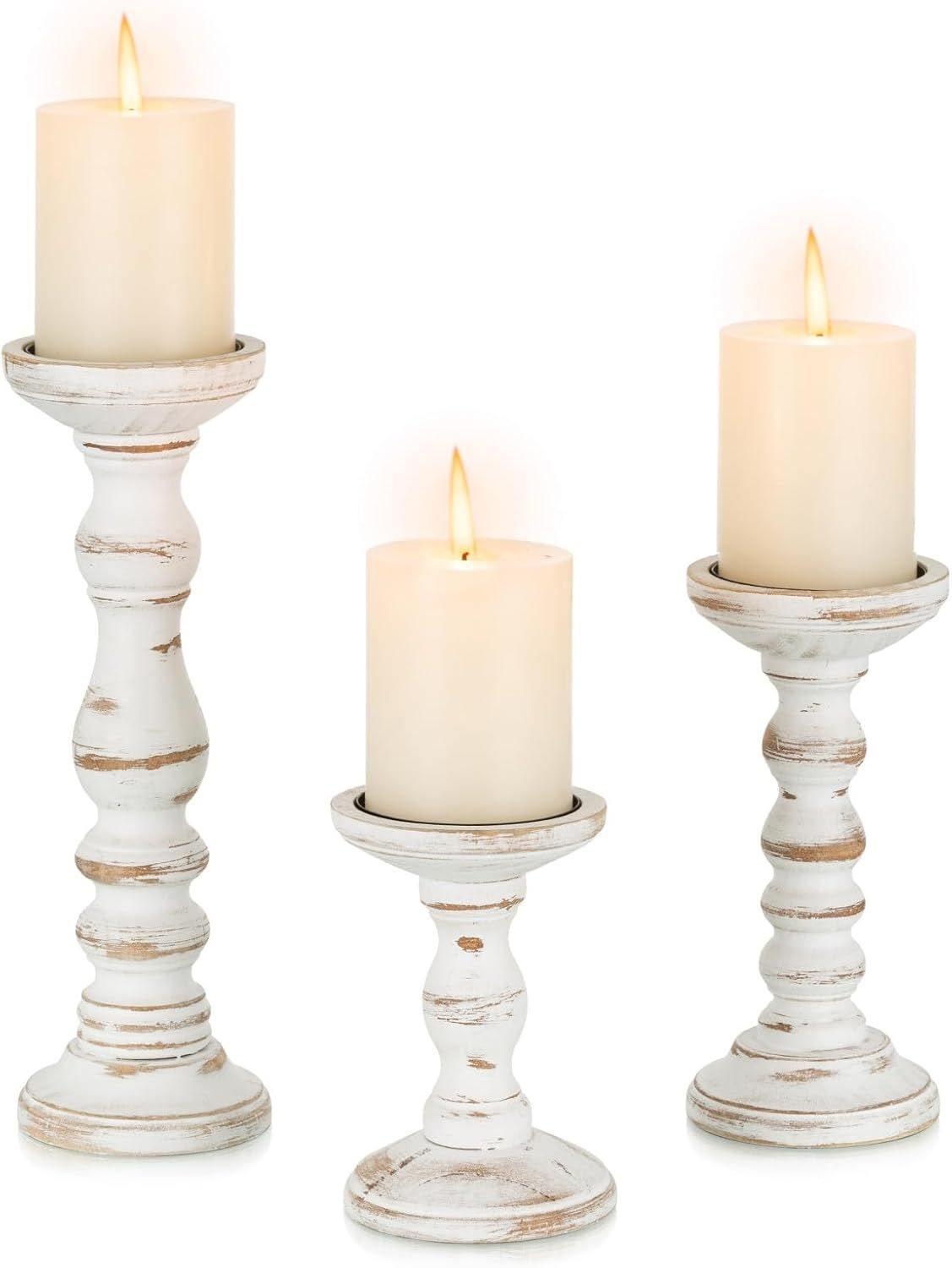 Whitewashed Pine Rustic Farmhouse Candle Holders Set of 3