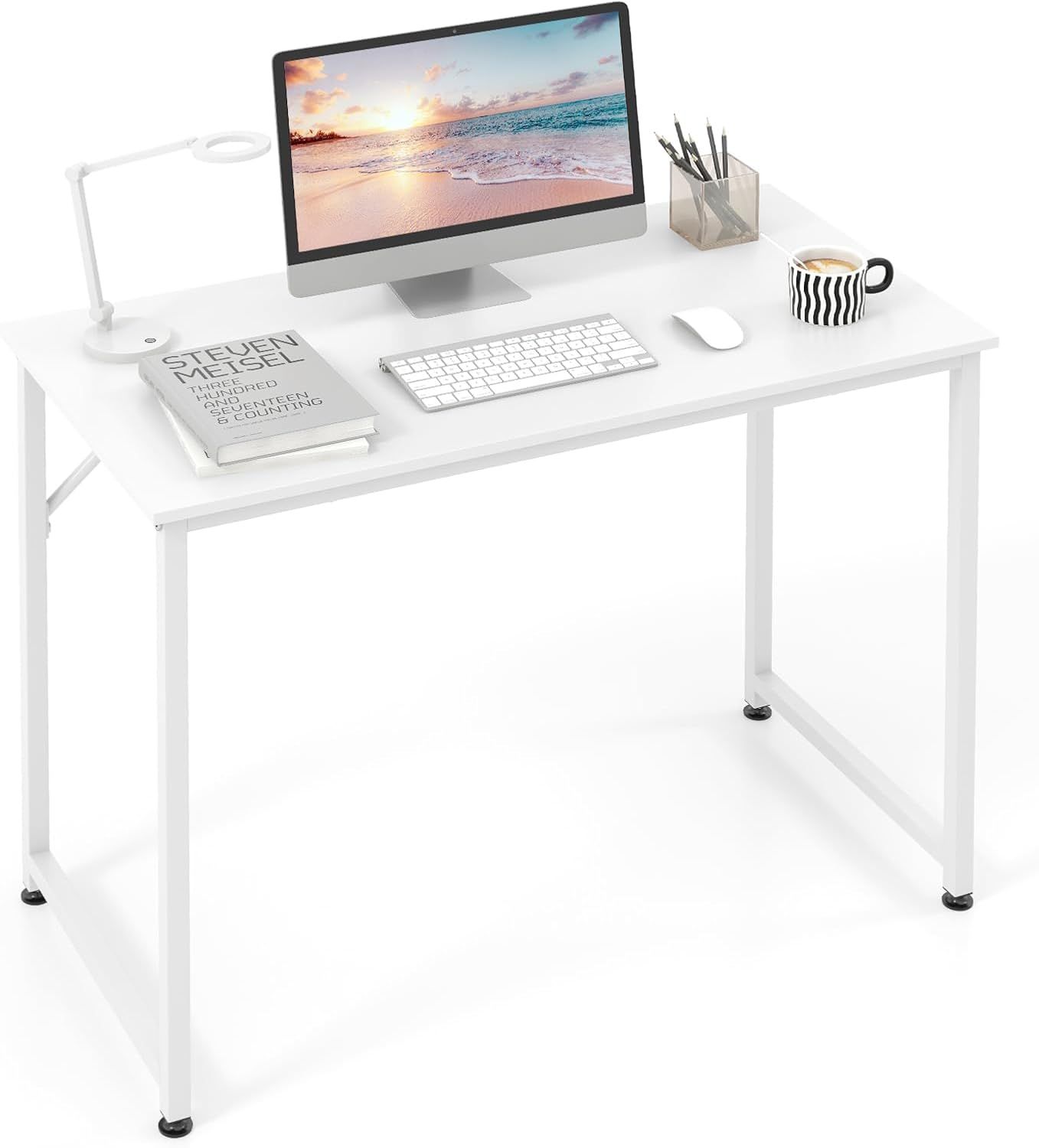 40-Inch White Wood Computer Desk with Metal Frame