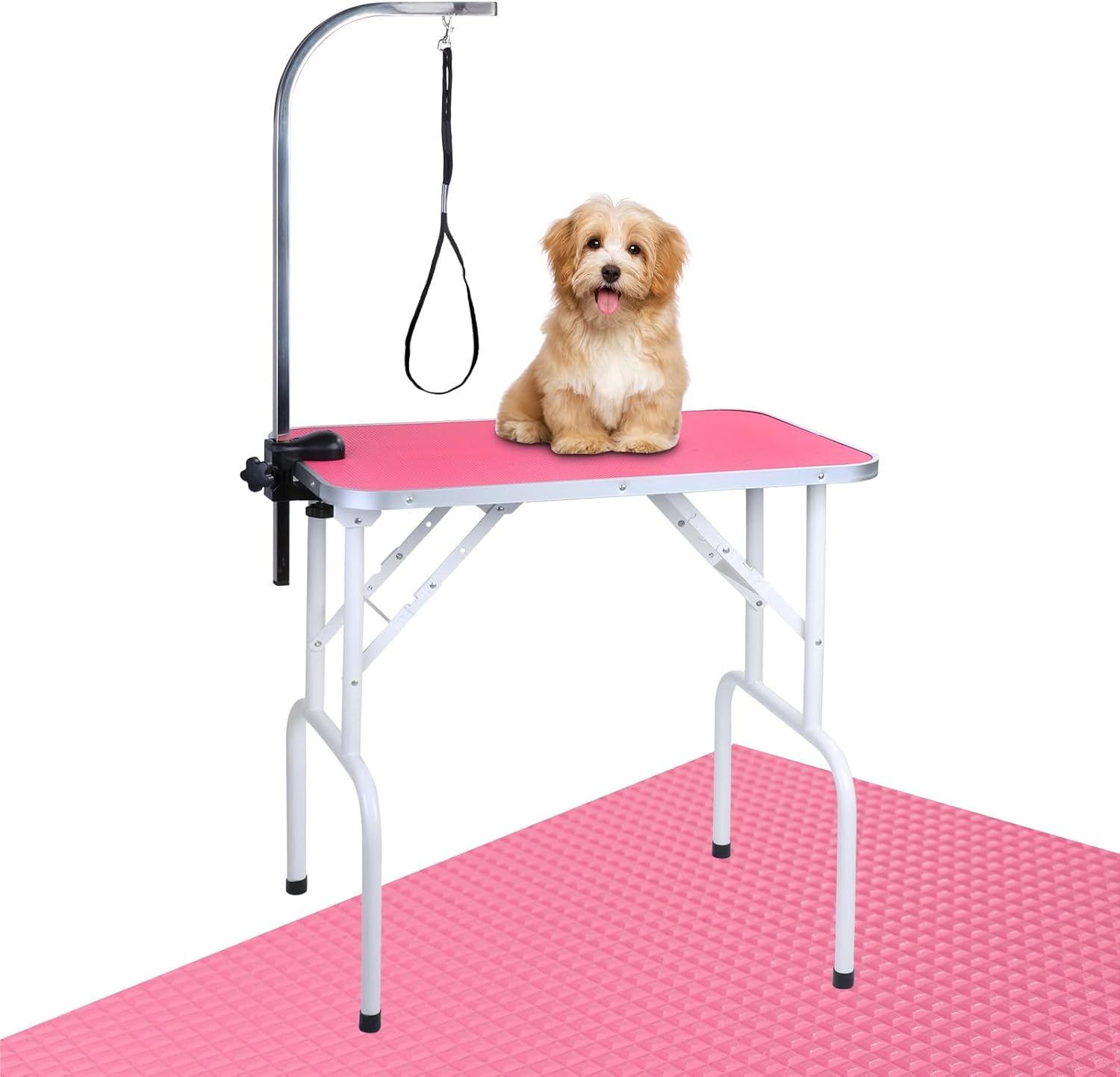 Pink 32'' Foldable Pet Grooming Table with Iron Frame and Noose