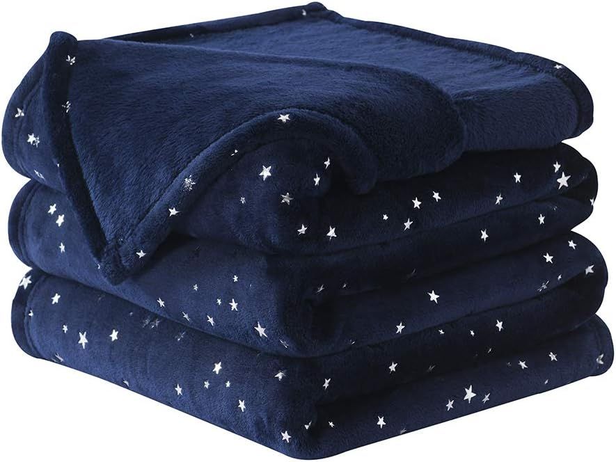 Queen Navy Blue Microfiber Fleece Blanket with Star Design