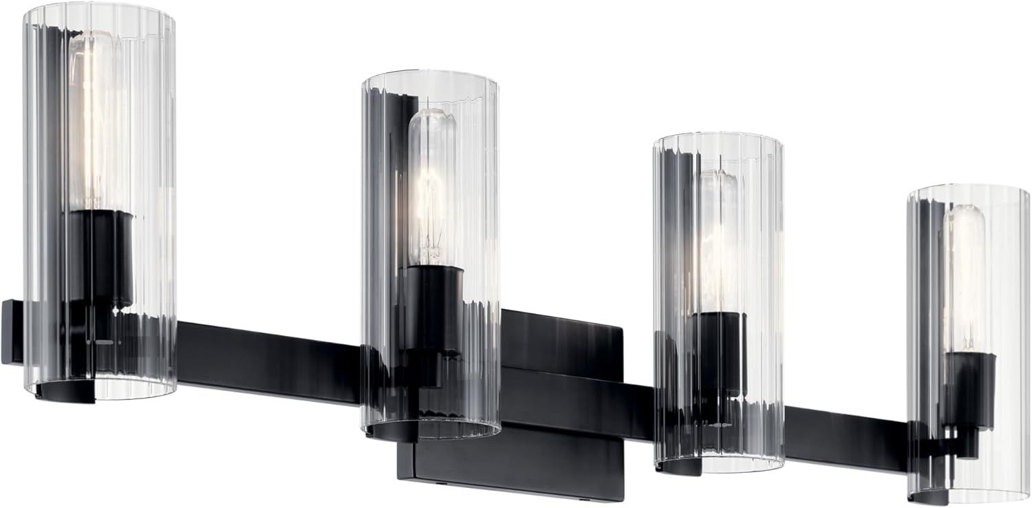 Black and Clear Fluted Glass 4-Light Vanity Fixture