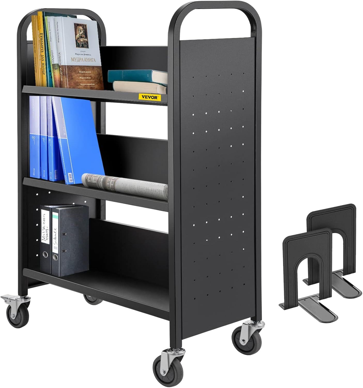 Black Steel Rolling Library Cart with V-Shaped Shelves