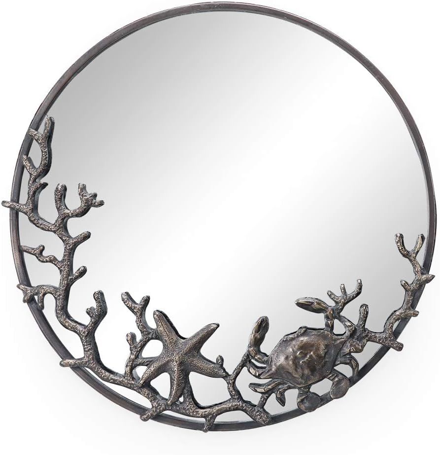 Coastal Charm Bronze Round Wall Mirror with Crab and Starfish Frame