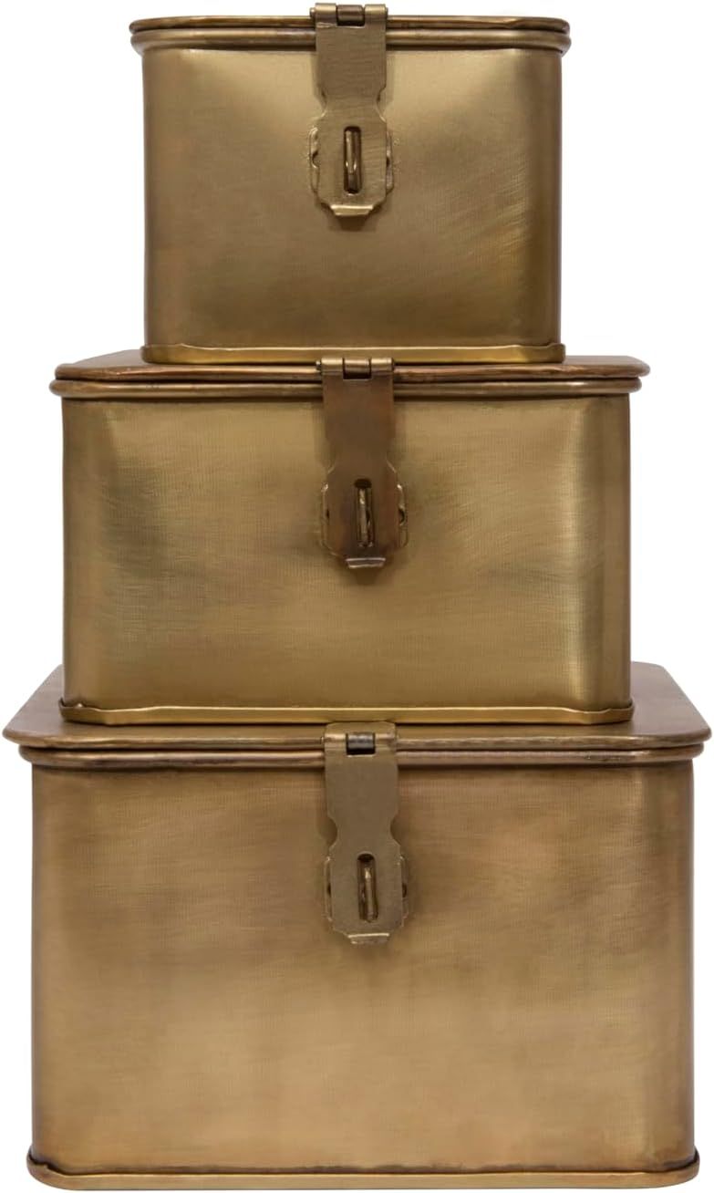 Gold Stackable Metal Cube Lidded Storage Boxes Set