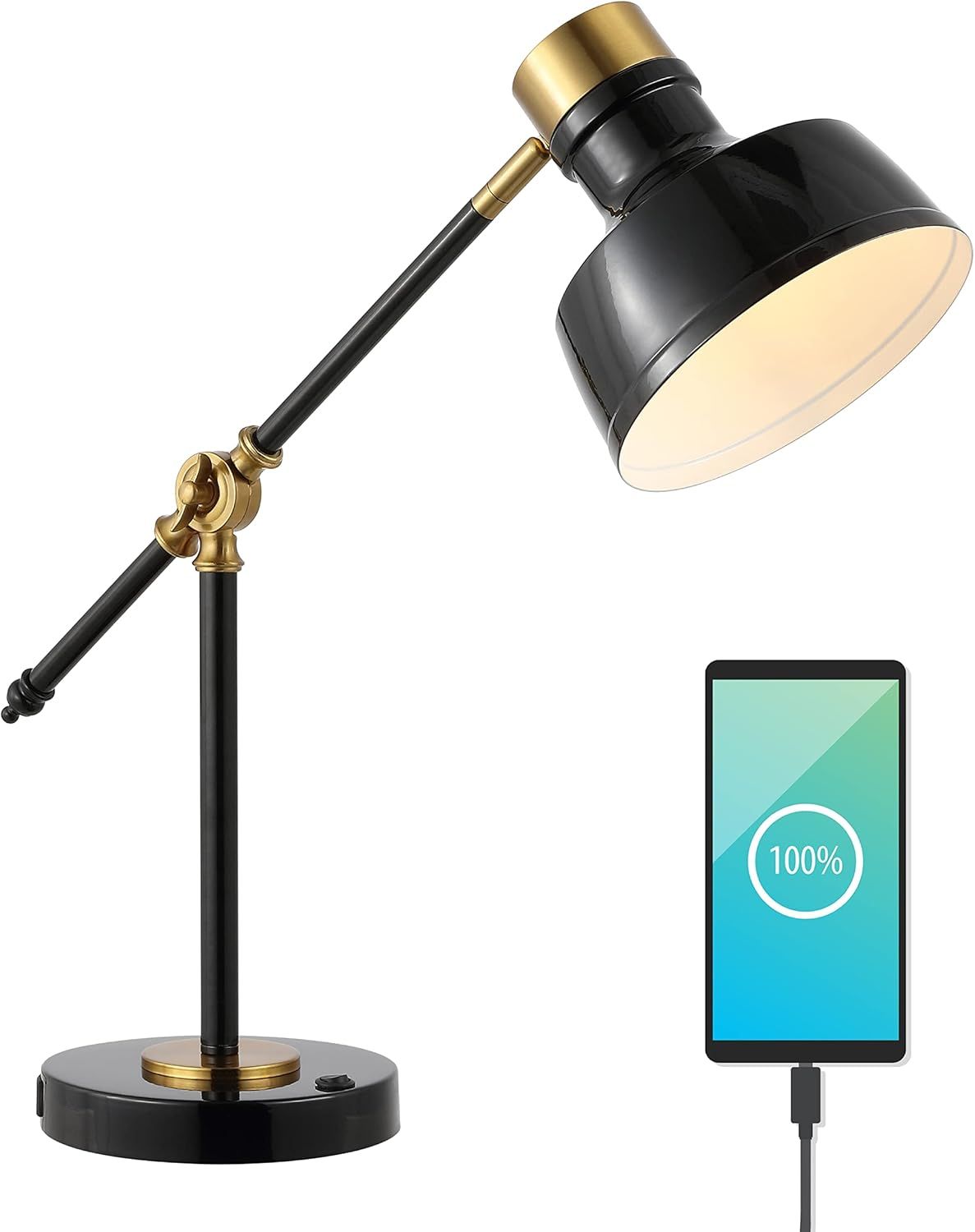 Adjustable Black and Brass Gold Edison Task Lamp with USB Port