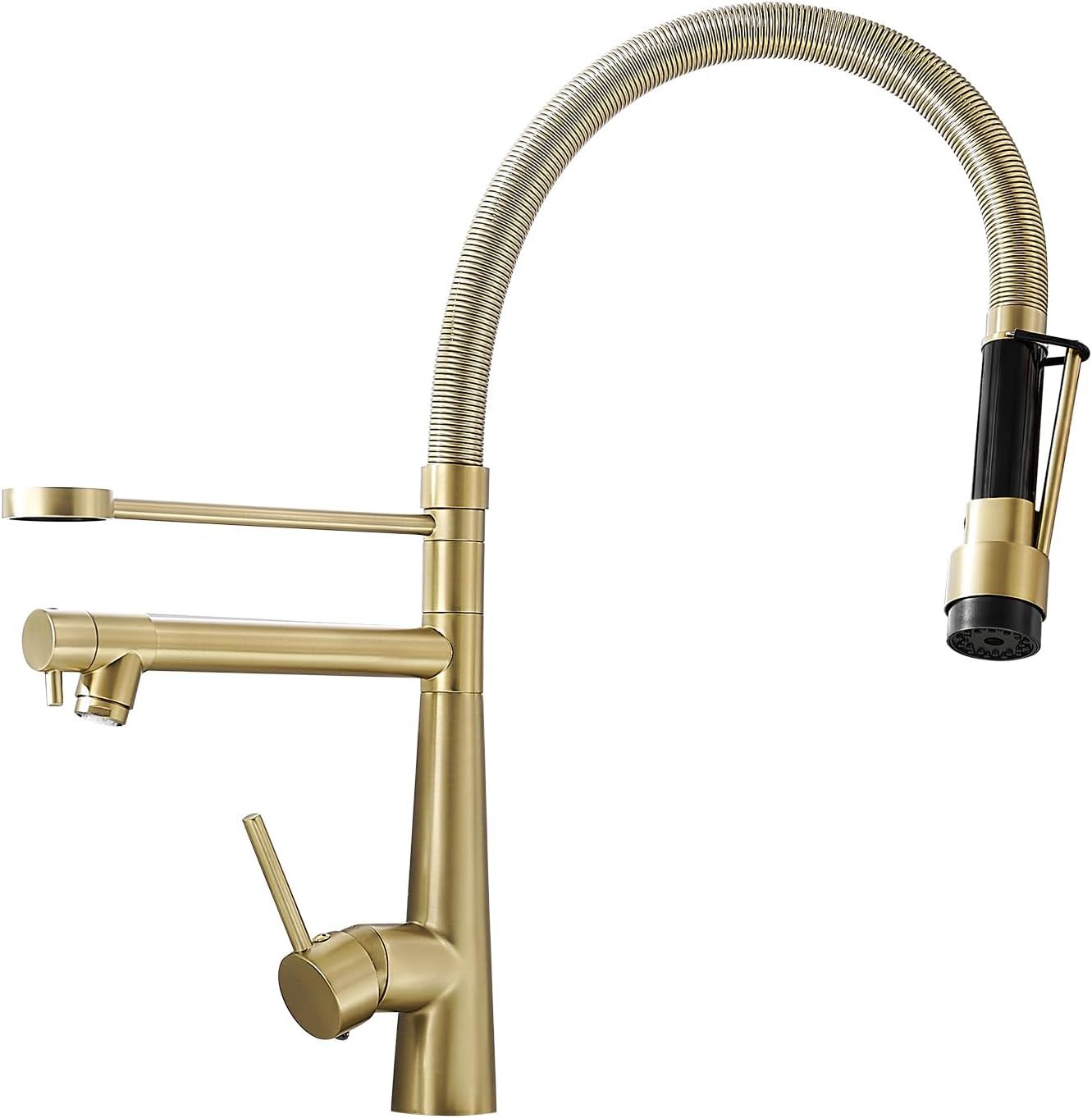 Brushed Gold Brass Kitchen Faucet with Pull-Out Spray