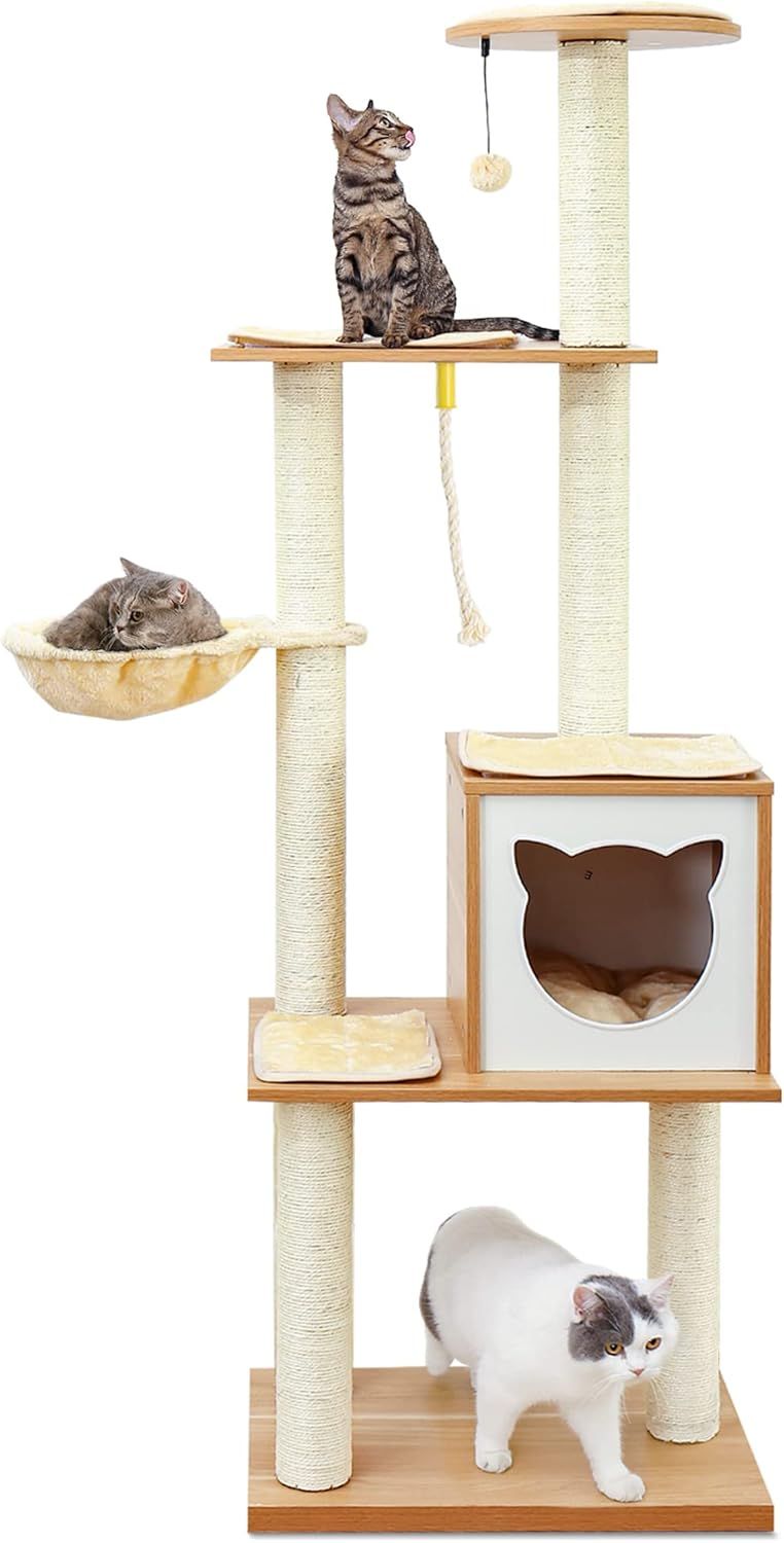 Modern 65" Tall Wood Cat Tree with Hammock and Condo