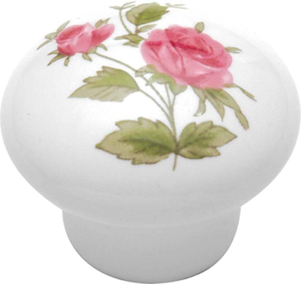 Pink Rose Porcelain Round Cabinet Knob with Mounting Hardware