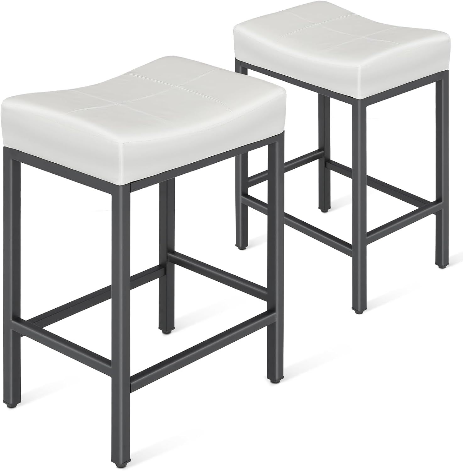 White Faux Leather Saddle Bar Stools with Metal Frame, Set of 2