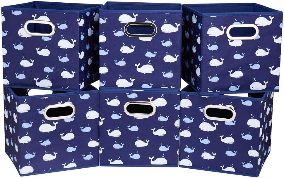 13-Inch Blue Fabric Storage Cubes with White Whale Pattern, Set of 6