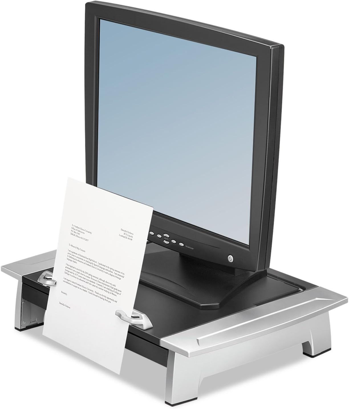 Black and Silver Adjustable Monitor Riser with Document Holder