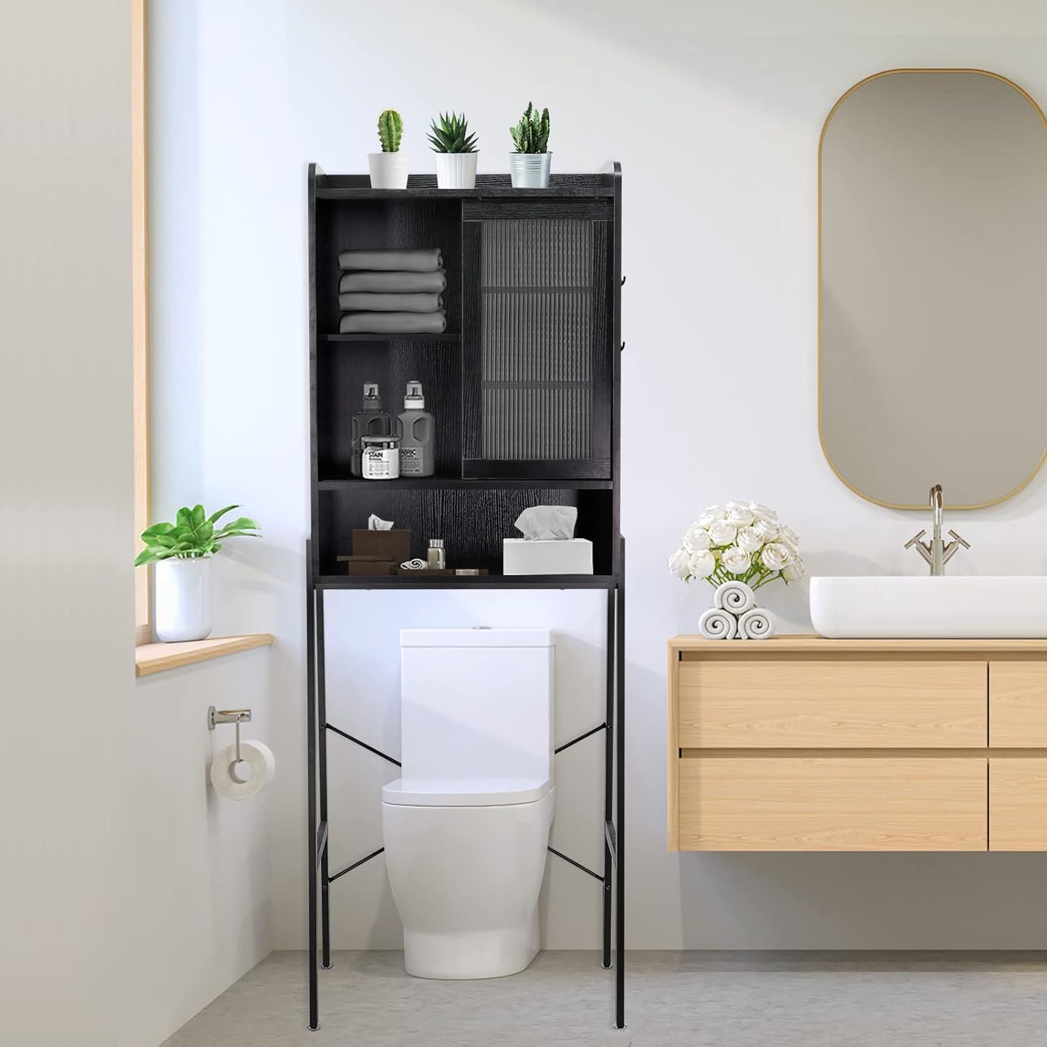 Black Wood Over-the-Toilet Storage Cabinet with Acrylic Sliding Door