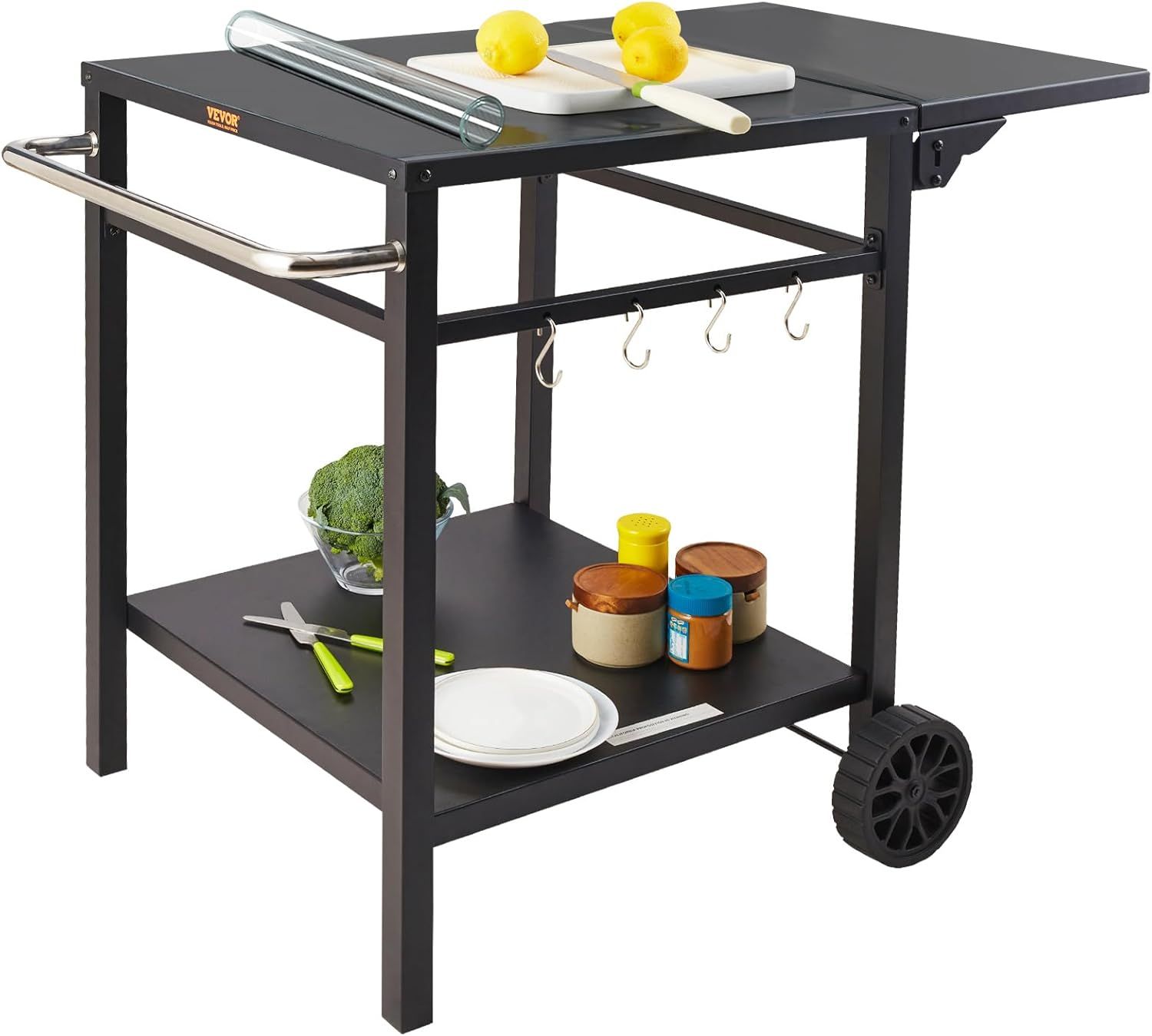 Black Iron Double-Shelf Outdoor Grill Dining Cart with Wheels