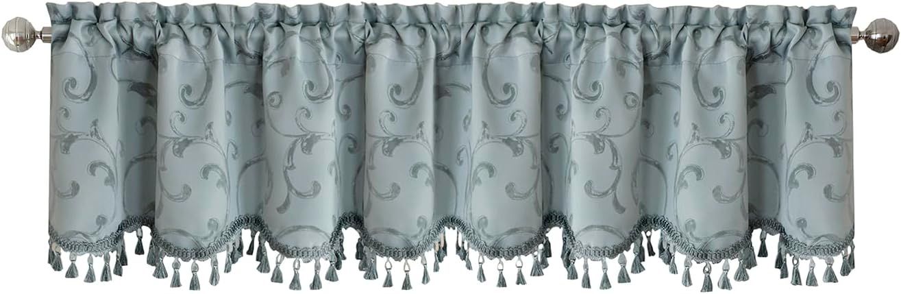 Blue Jacquard Scroll Tassel Trim Rod Pocket Valance