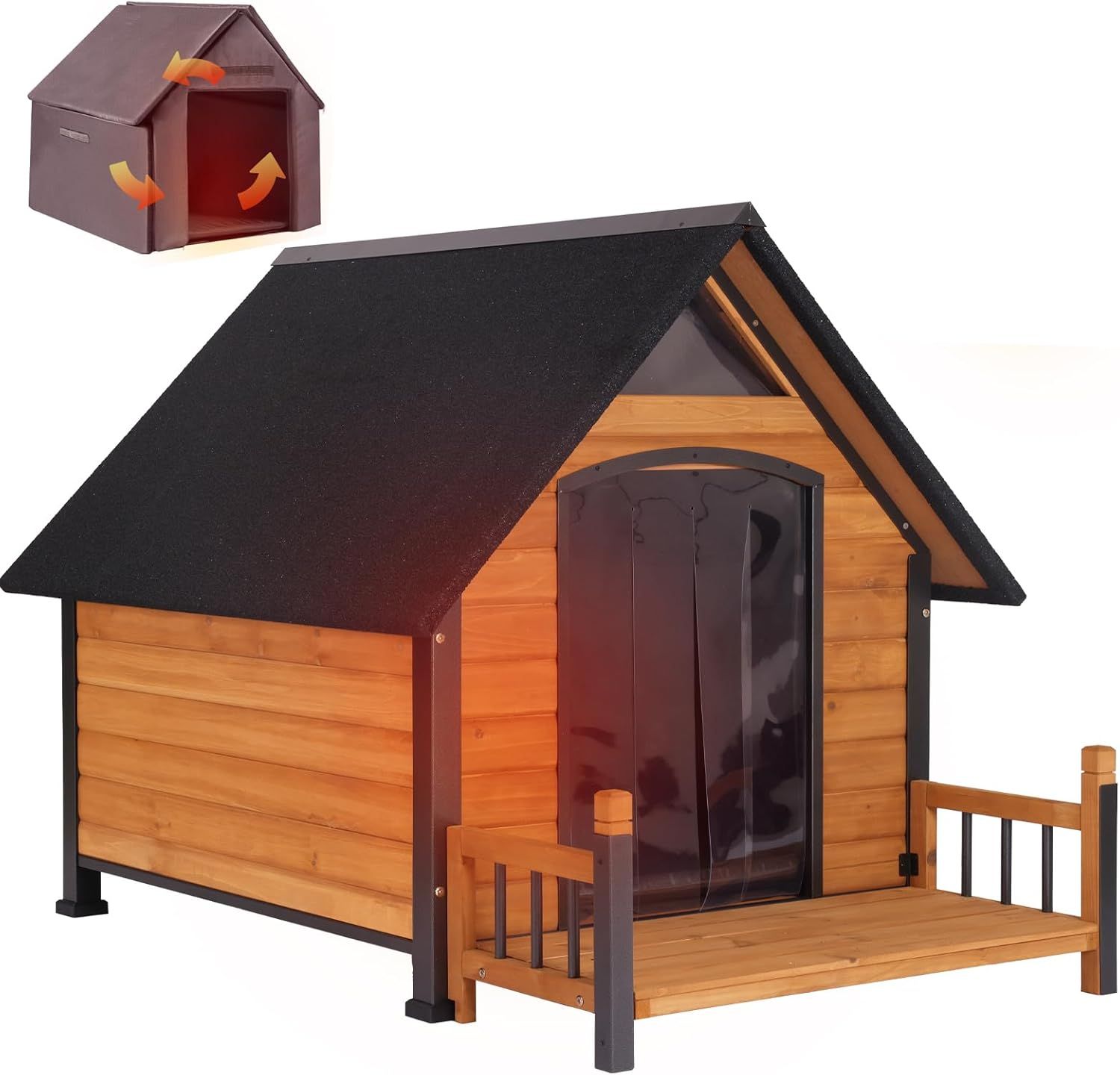 Large Brown Insulated Wooden Dog House with Elevated Floor