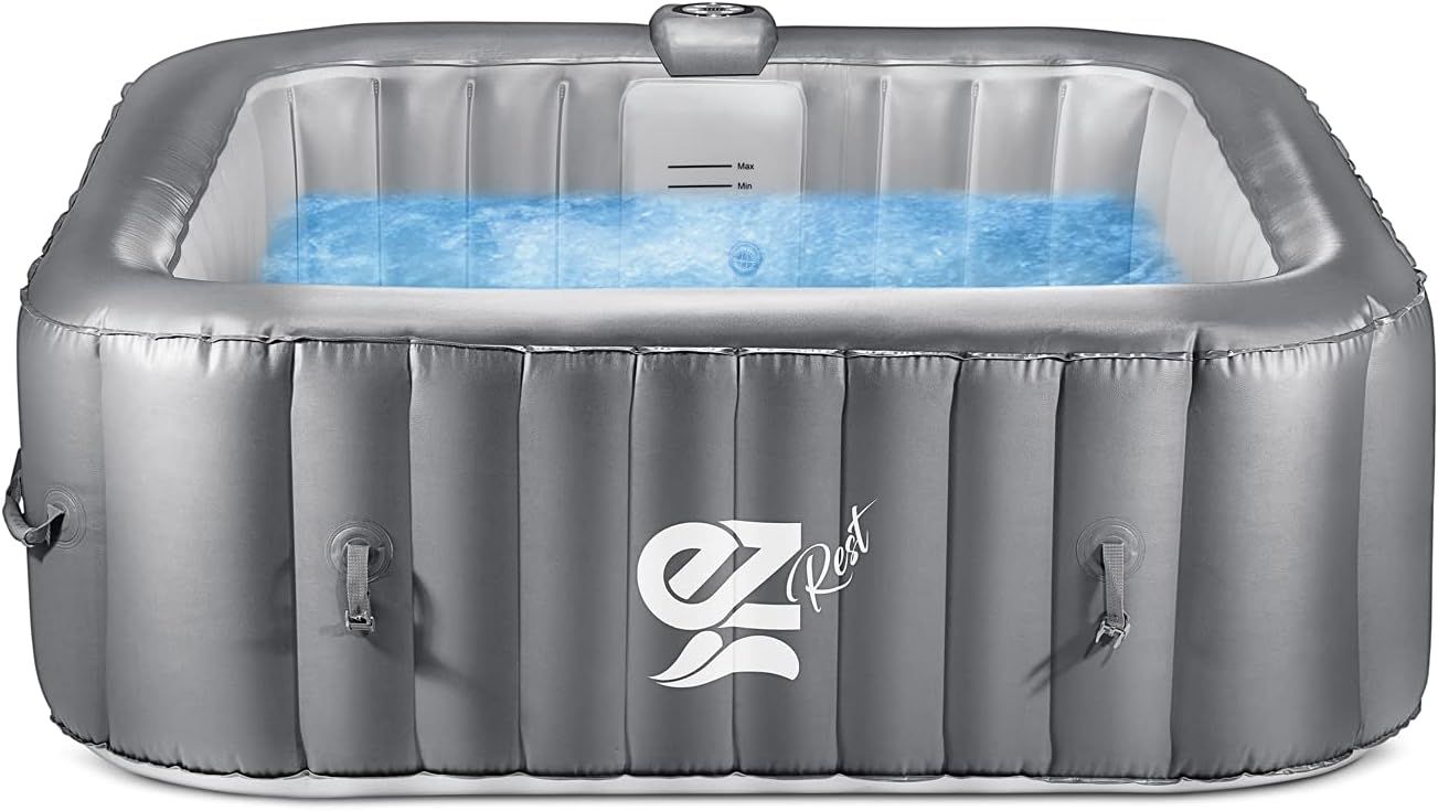 SereneLife 4-Person Gray PVC Square Inflatable Hot Tub with LED Lights