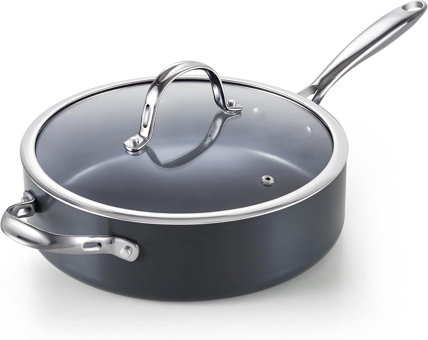 10.5-inch Black Aluminum Nonstick Deep Sauté Pan with Lid